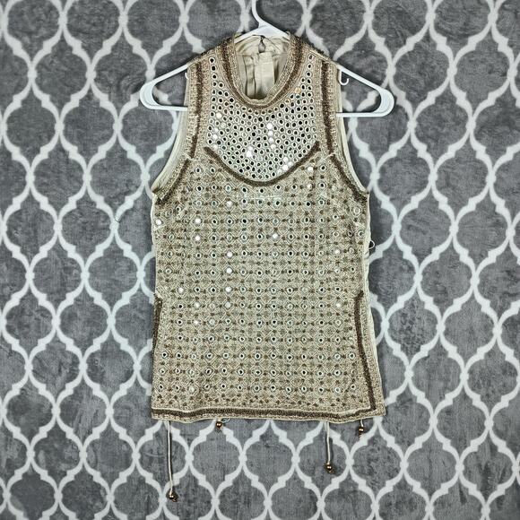 Beaded Mirror Halter Top Women Extra Small Gold Sleeveless Festival Boho Party - Picture 5 of 11